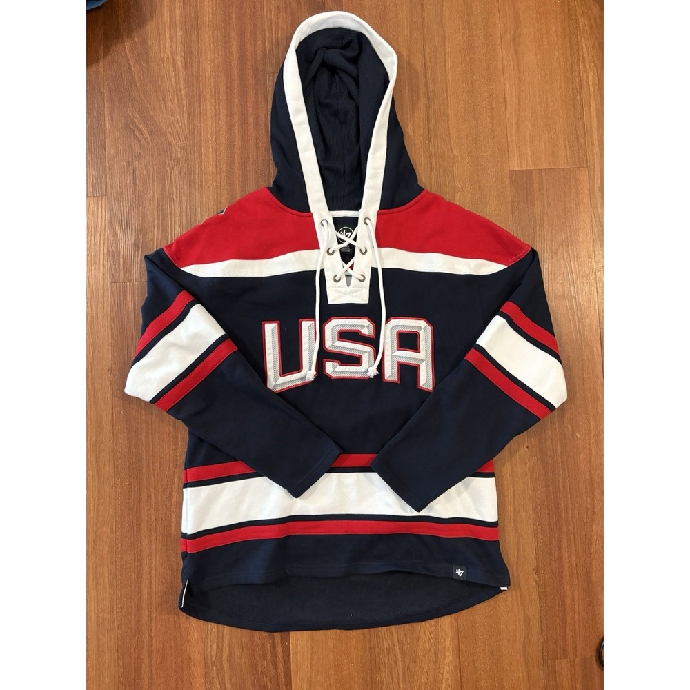 47 Brand USA Hockey Hoodie Men's L Red White Blue Lace Up Pullover Sweatshirt